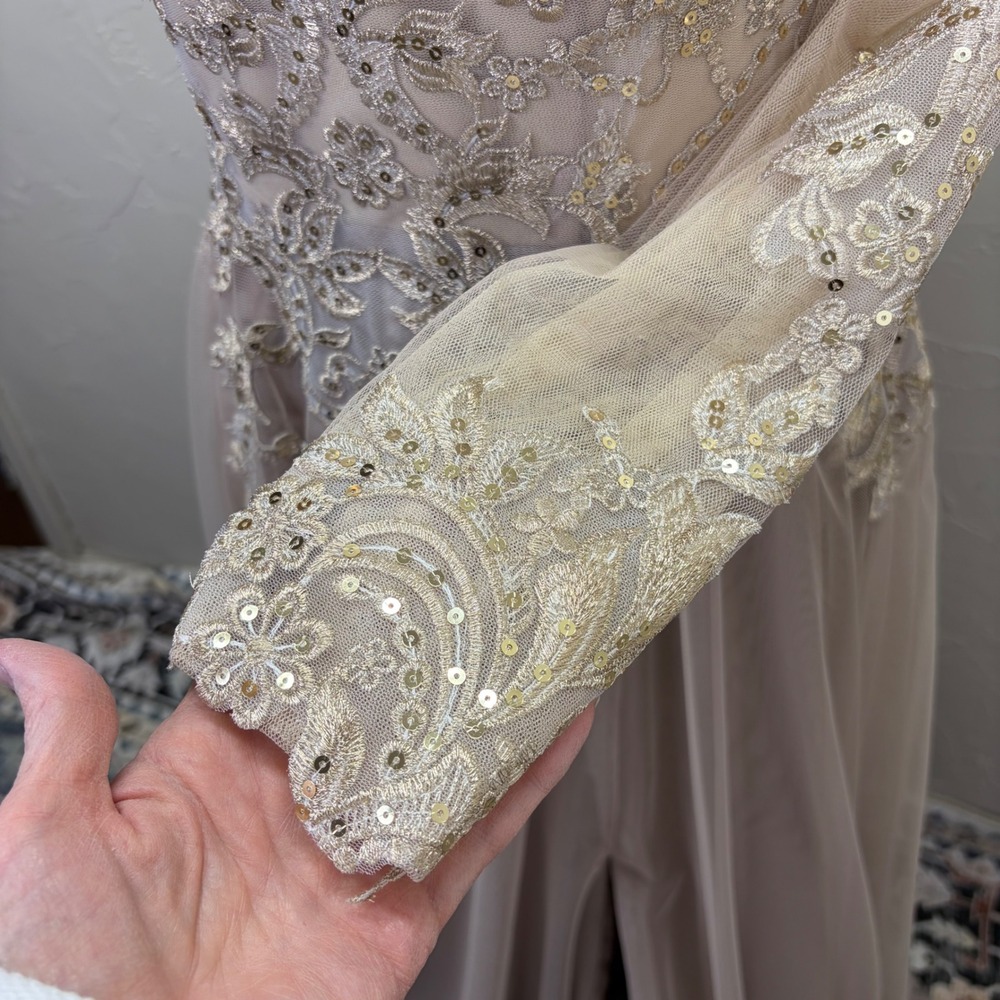 JJ's House Women One Shoulder Sequin Lace Tulle Gown Taupe Size 4 Prom Hoco Gala - Picture 6 of 11